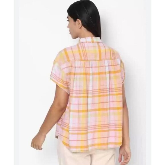 NWT American Eagle Plaid Short Sleeve Pink Orange Button Down Shirt Size X-Small - Picture 3 of 6